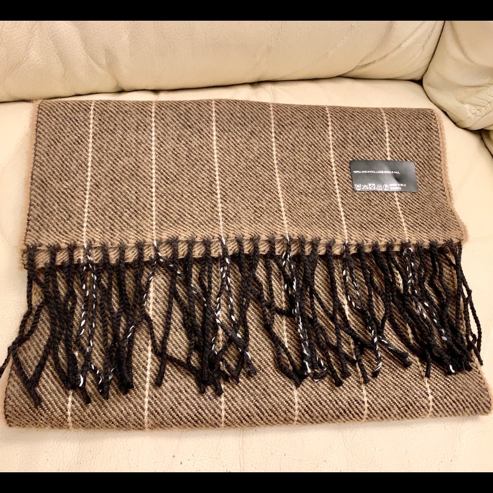 3/$30 Made in Italy wool scarf brown fringed classic stripes grid